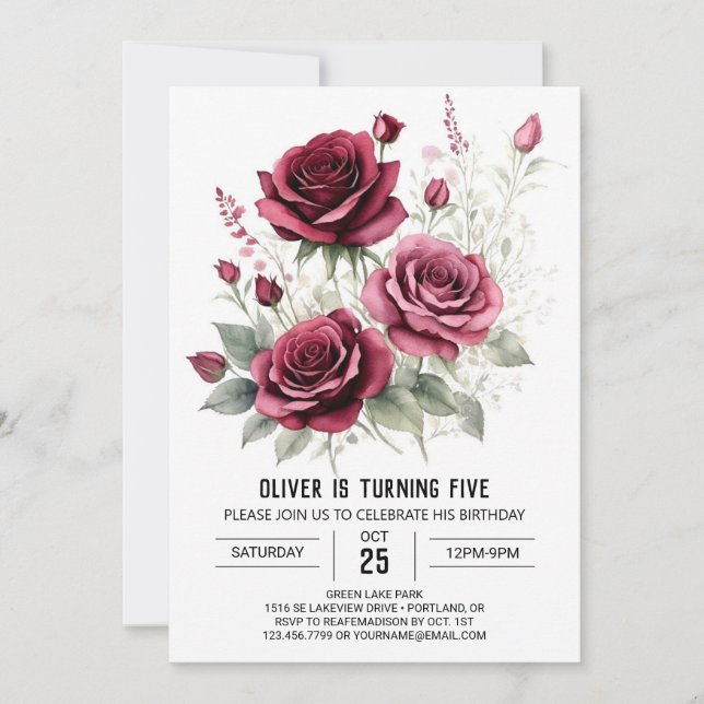 Invitación Flores silvestres Rosas Borgoña Floral Cumpleaños (Anverso)