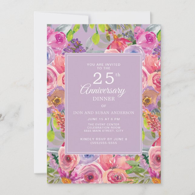 Invitación Flores Silvestres Rosas y Moradas Aniversario de B (Anverso)