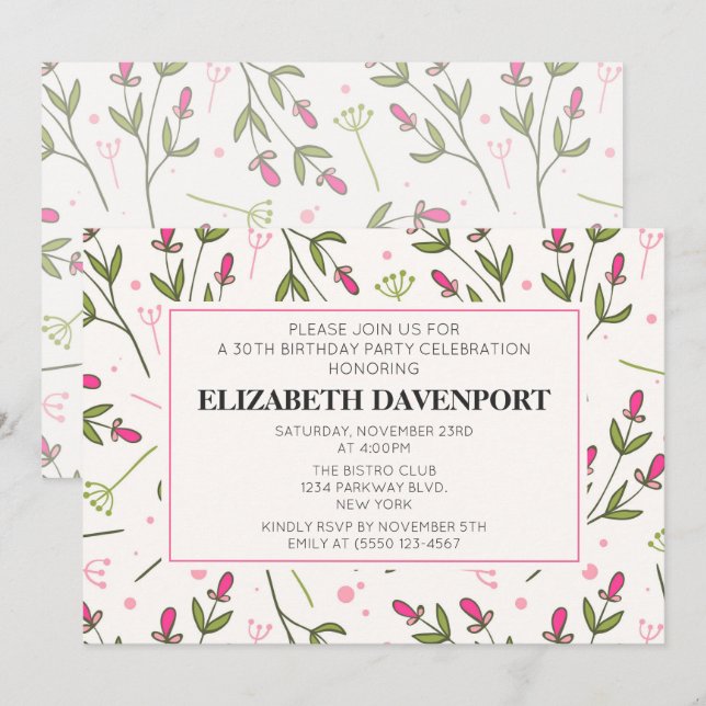 Invitación Flores silvestres rosas y verdes de larga tradició (Anverso / Reverso)