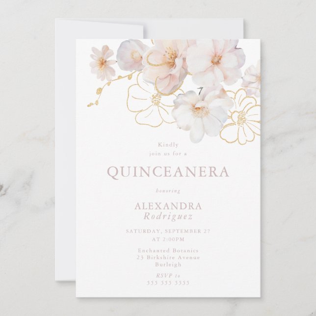 Invitación Flores silvestres Rubor y Gold Elegante Quinceaner (Anverso)