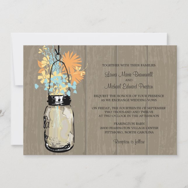 Invitación Flores silvestres rusas de madera y Mason Jar (Anverso)