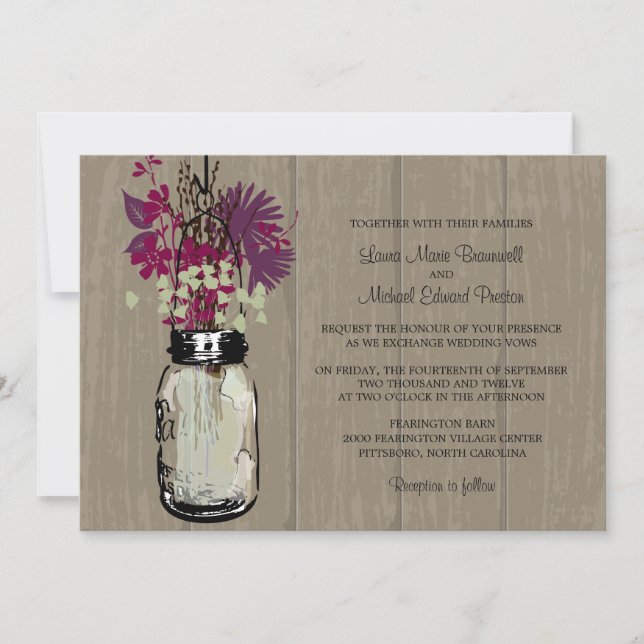 Invitación Flores silvestres rusas de madera y Mason Jar (Anverso)