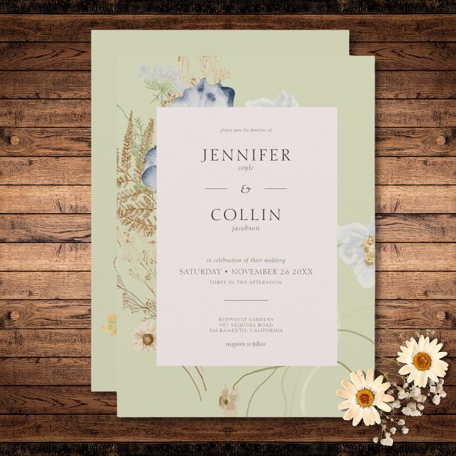 Invitación Flores silvestres rusas en Boda de sabio ligero (Rustic Wildflowers on Light Sage Wedding Invitation)