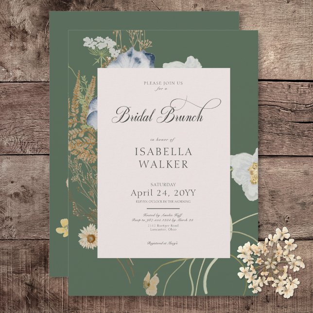 Invitación Flores silvestres rusas en un brunch verde de novi (Rustic Wildflowers on Sage Green Bridal Brunch Invitation)