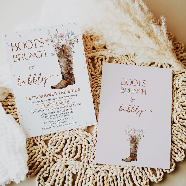 Invitación Flores silvestres rusas marrones abuchean ducha de (Boots Brunch Bubbly Bridal Shower Invitation, Rustic, Wildflowers Boot Bridal Shower Invite, Country)