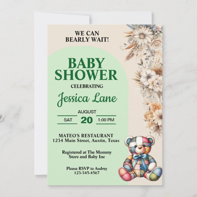Invitación Flores silvestres rusas Teddy Bear Baby Shower (Anverso)