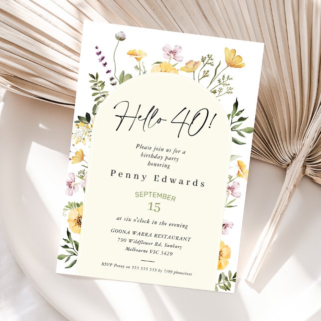 Invitación Flores silvestres rusticas amarillas Hola 40 cumpl (40th Birthday Invitation, Hello Forty Boho Birthday Invite, Editable Template, Modern Wildflowers)