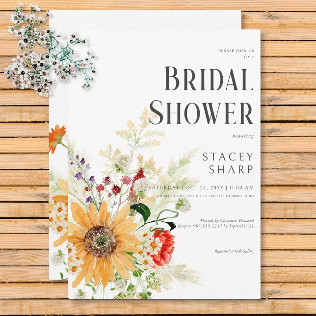 Invitación Flores Silvestres Rústicas & Bridal Shower de Gira (Rustic Wildflowers & Sunflowers Bridal Shower Invitation)
