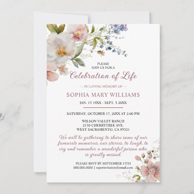 Invitación Flores Silvestres Rústicas Celebración de la Vida  (Anverso)