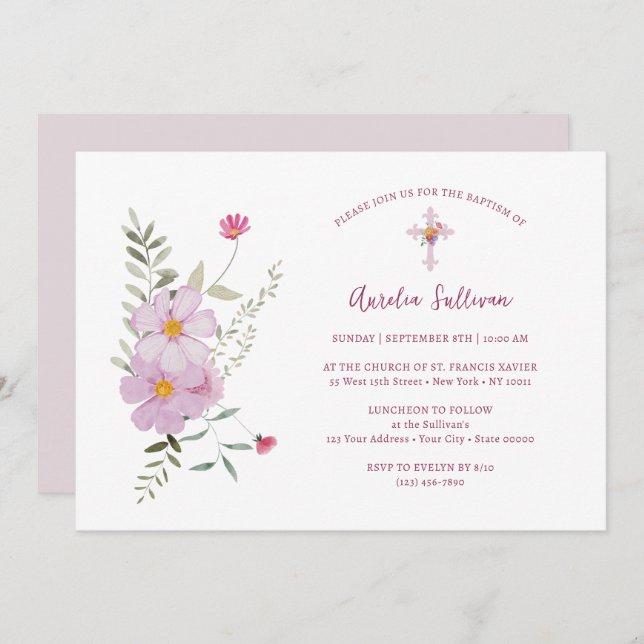 Invitación Flores silvestres simples Bautismo Bouquet (Anverso / Reverso)