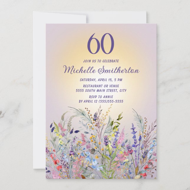 Invitación Flores Silvestres Sol Púrpura Cumpleaños 60 de Muj (Anverso)