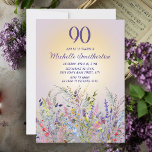 Invitación Flores silvestres Sun Purple Women's 90th Birthday<br><div class="desc">Elegante y artística 90 cumpleaños invitación a las mujeres con coloridas acuarelas y follaje sobre un suave fondo violeta con el sol brillando en el fondo. Hermosa invitación de estilo rústico. Contáctame para obtener ayuda con la personalización o para solicitar la correspondencia o coordinación de los productos de Zazzle.</div>