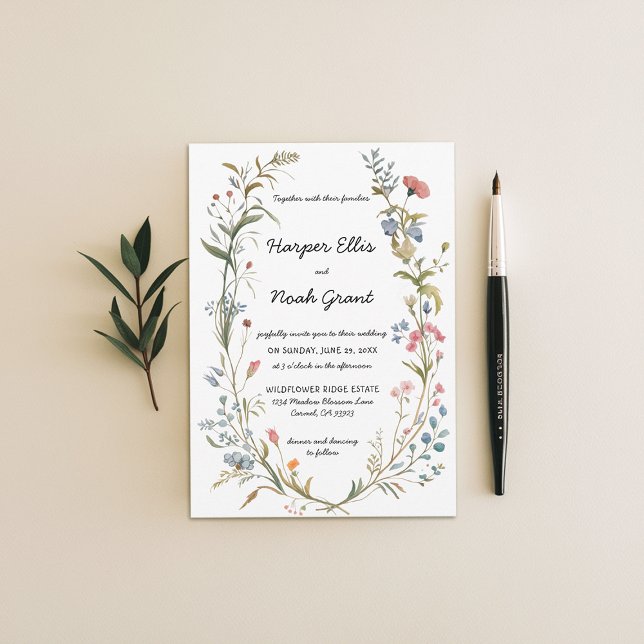 Invitación Flores silvestres Tema Pastel Boda de escritura az (wildflowers wedding invitation manor floral frame hand-written modern garden backyard barn blue pink)