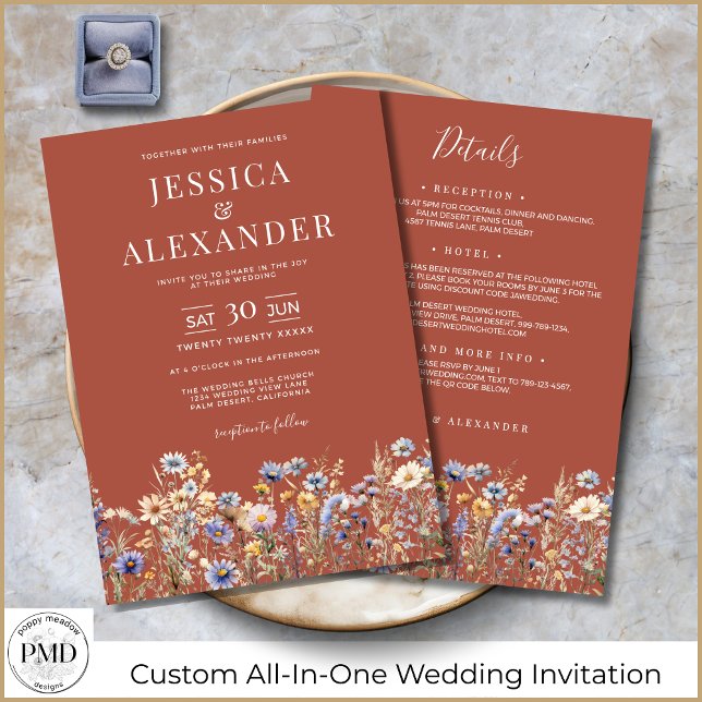 Invitación Flores Silvestres Terracota Todo En Una Elegante B (Terracotta Wildflowers All-In-One Elegant Wedding Invitation with Reception Details on the Back.)