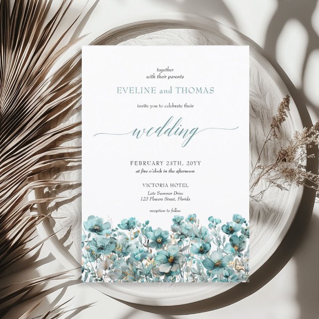 Invitación Flores silvestres turquesas suaves minimalistas de (Soft minimalist boho summer turquoise wildflowers invitation)