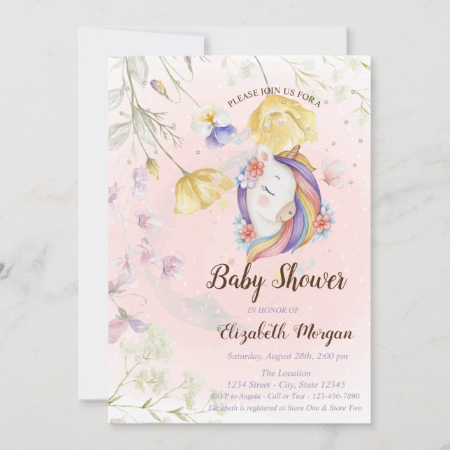 Invitación Flores silvestres Unicornio Mariposas Stars Baby S (Anverso)