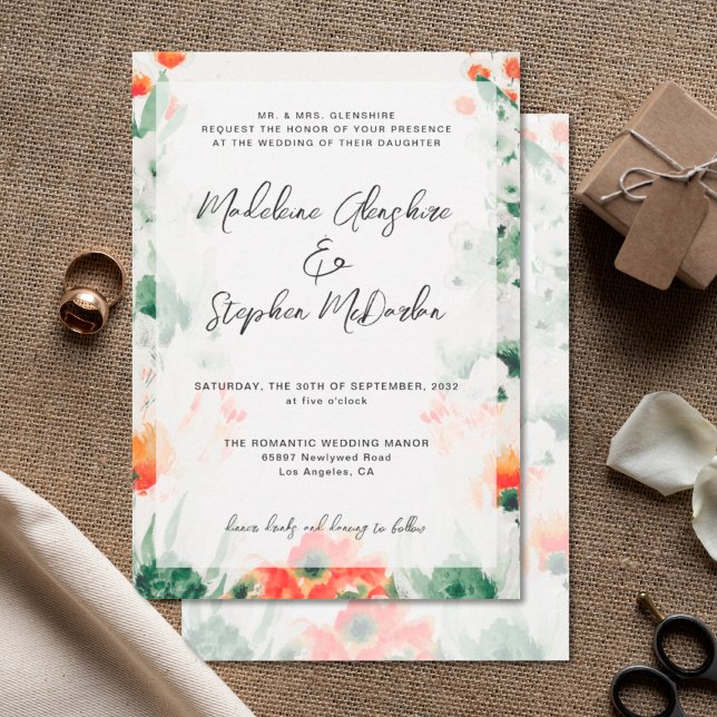 Invitación Flores silvestres verde y naranja boda romántico f (Subido por el creador)