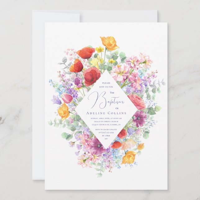 Invitación Flores silvestres vibrantes Bautismo floral simple (Anverso)