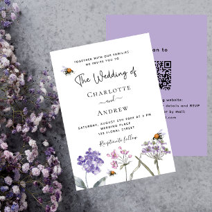 Invitación Flores silvestres violeta rosa QR RSVP boda de luj
