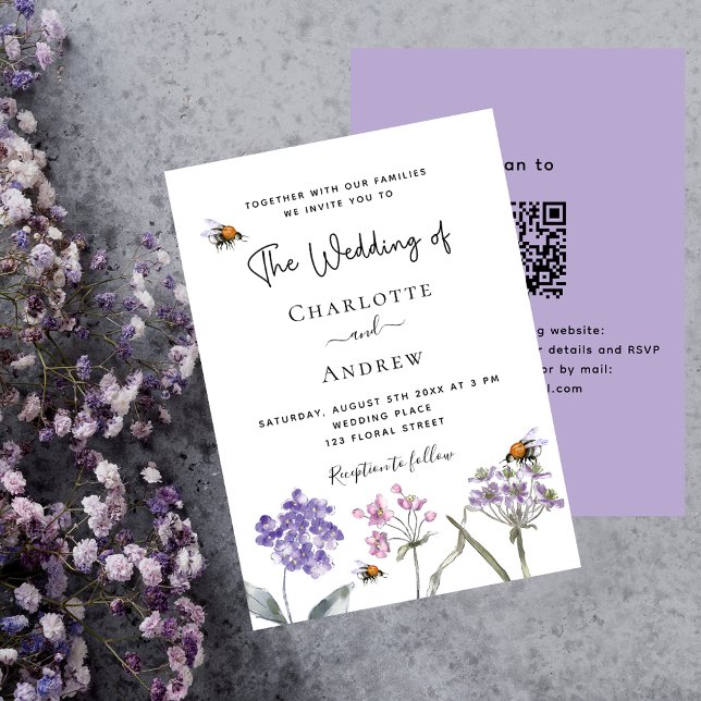 Invitación Flores silvestres violeta rosa QR RSVP boda de luj (Subido por el creador)