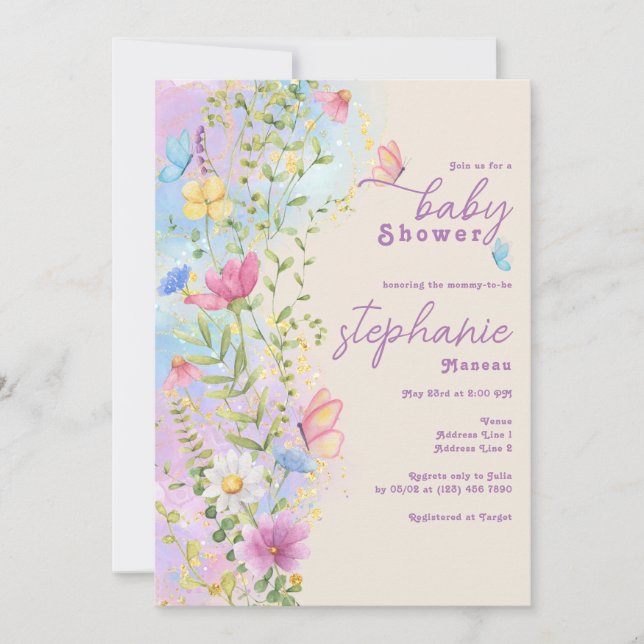 Invitación Flores silvestres Whimsical Butterfly Garden Baby  (Anverso)