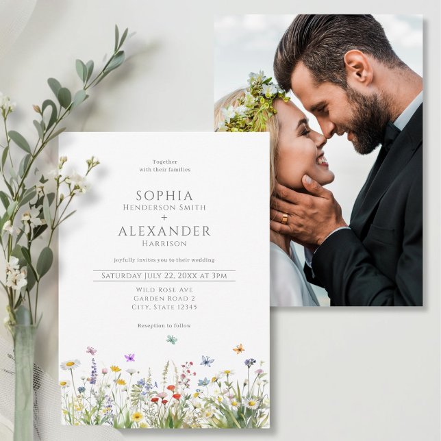 Invitación Flores silvestres y Boda de fotos (Wildflower and Photo Wedding  Invitation - front and back)