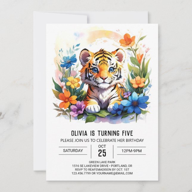 Invitación Flores silvestres y cumpleaños de niño tigre (Anverso)