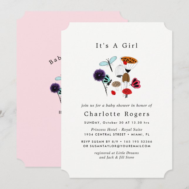 Invitación Flores Silvestres Y Deliciosas Ladybugs Y Mariposa (Anverso / Reverso)