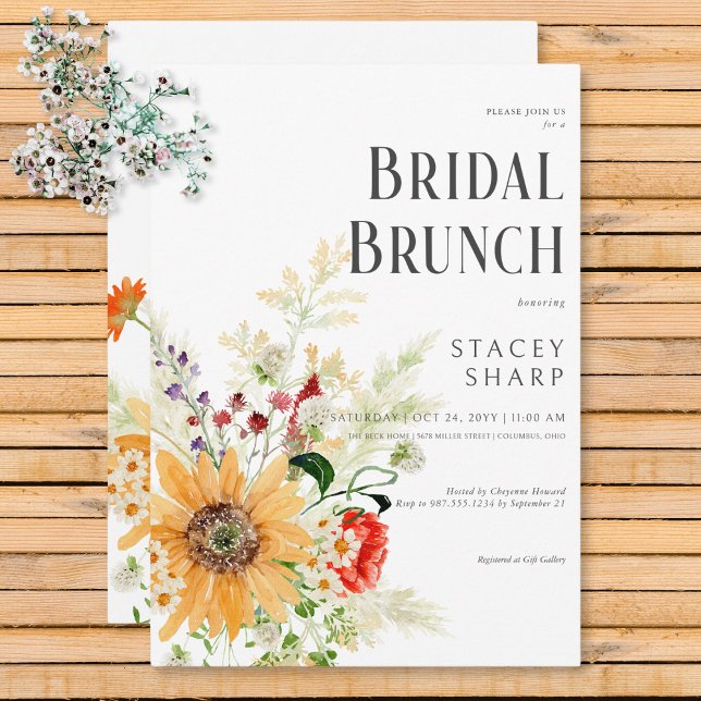Invitación Flores silvestres y girasoles rústicos Brunch nupc (Rustic Wildflowers & Sunflowers Bridal Brunch Invitation)