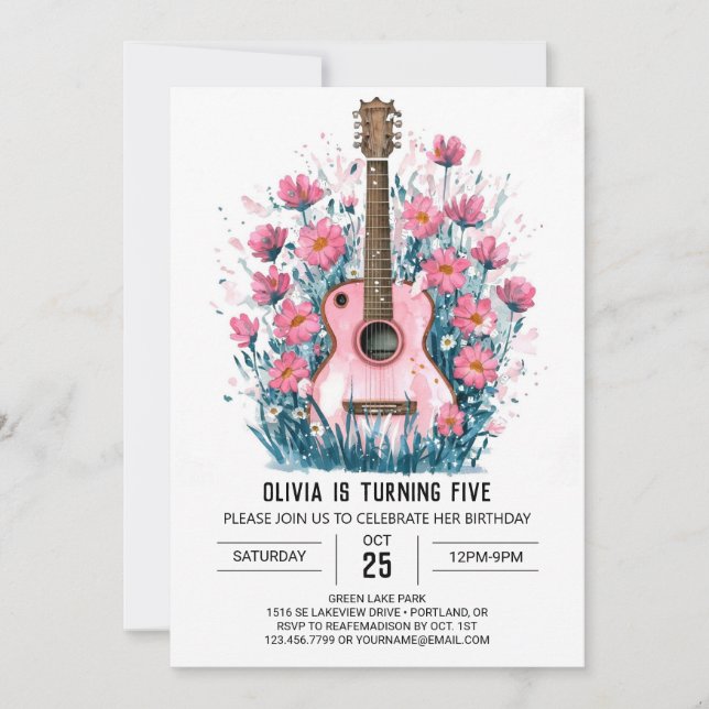 Invitación Flores silvestres y guitarra acordes cumpleaños (Anverso)