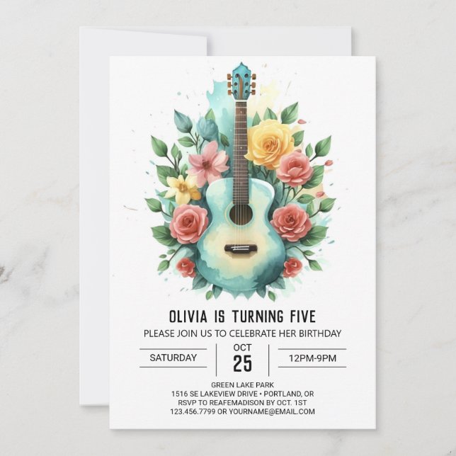 Invitación Flores silvestres y guitarra acordes cumpleaños (Anverso)