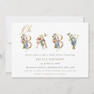 Invitación Flores silvestres y letras de oro antiguas Baby Sh