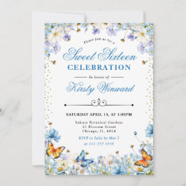 Invitación Flores Silvestres y Mariposas Azules y Blancas Dul