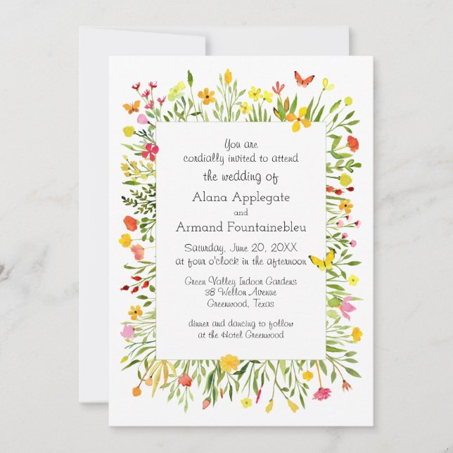 Invitación Flores silvestres y mariposas Boda acuarela (Anverso)