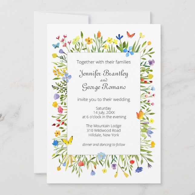 Invitación Flores silvestres y mariposas Boda acuarela (Anverso)