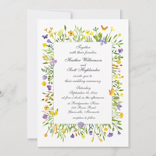 Invitación Flores silvestres y mariposas Boda acuarela (Anverso)