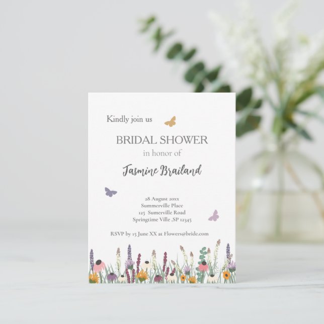 Invitación Flores silvestres y mariposas ducha de novia (Anverso de pie)