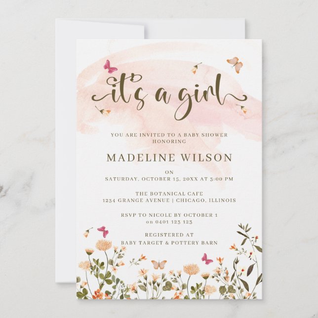 Invitación Flores silvestres y mariposas | Elegante Baby Show (Anverso)
