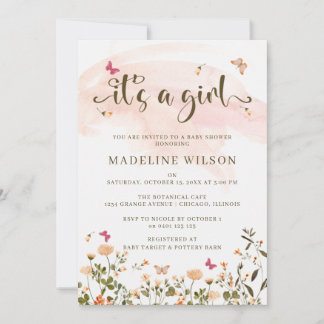 Invitación Flores silvestres y mariposas | Elegante Baby Show