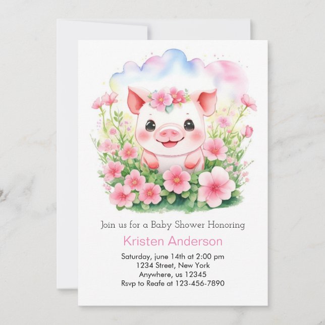 Invitación Flores silvestres y un Chica de lechón rosado (Anverso)