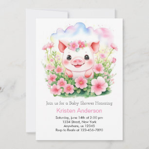 Invitación Flores silvestres y un Chica de lechón rosado