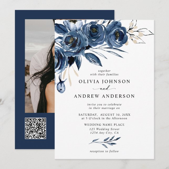 Invitación Flores simples de código QR azul marino y boda de  (Anverso / Reverso)