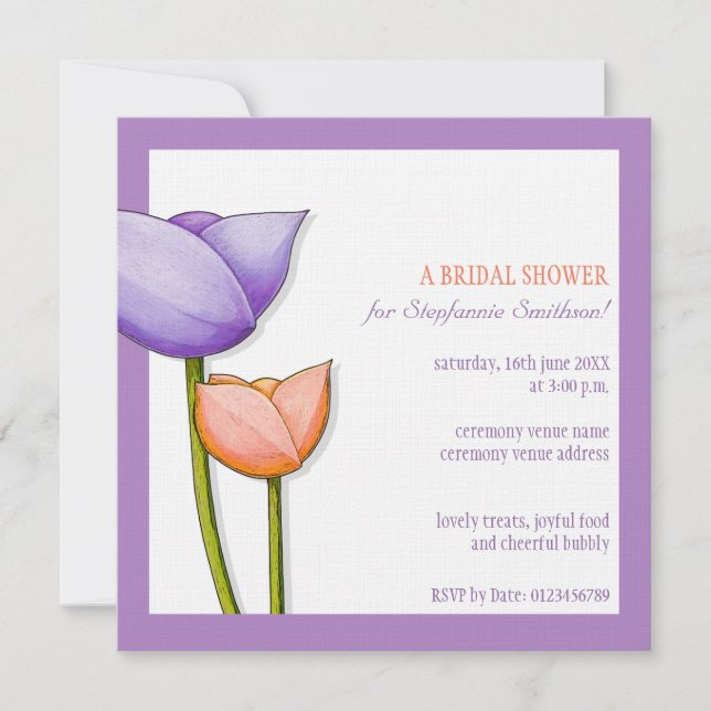 Invitación Flores simples naranja morado Bridal Shower Square (Anverso)