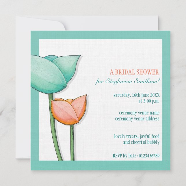 Invitación Flores simples naranja  verde azulada Bridal Showe (Anverso)