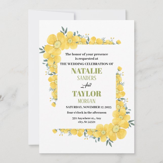 Invitación Flores Soleadas, Un Vibrante Boda Floral Amarillo (Anverso)