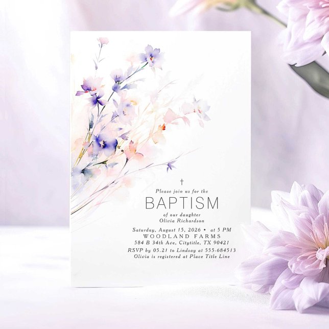 Invitación Flores suaves moradas y Rubor bautizan elegantemen (Purple and Pink Baptism Invitations)