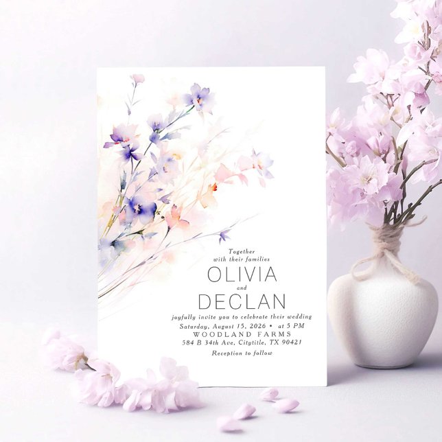 Invitación Flores suaves moradas y Rubor elegancia matrimonio (Soft Purple and Pink Floral Wedding Invitations)