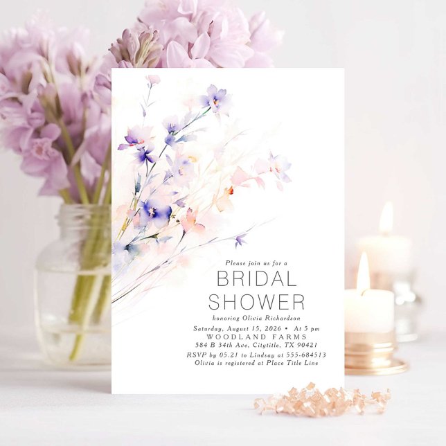 Invitación Flores suaves moradas y Rubor elegante ducha de no (Floral Purple and Pink Bridal Shower Invitations)