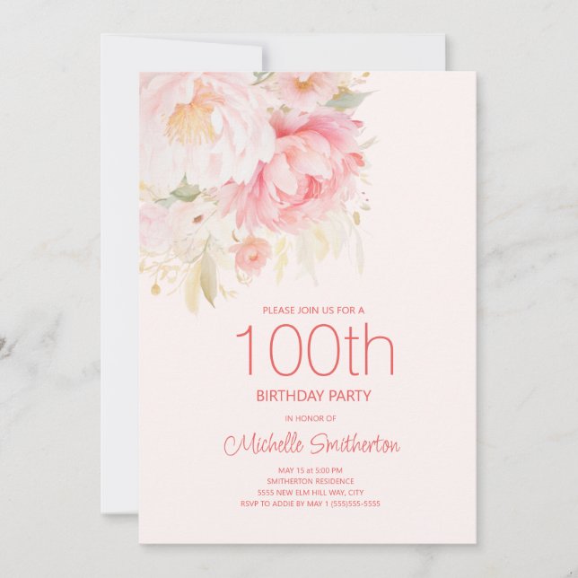 Invitación Flores suaves rosadas 100 cumpleaños (Anverso)