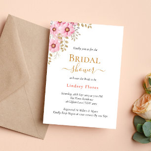 Invitación Flores Suaves Rosadas Verdor Dorado Luvia de Novia